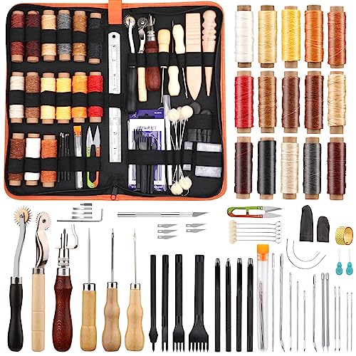 leder werkzeug set leder werkzeug set leder nähset leder nähset leder mit wachsfaden 15 farben spitzstempel nut nut stanzer stempel hülse tasche von Kuppt