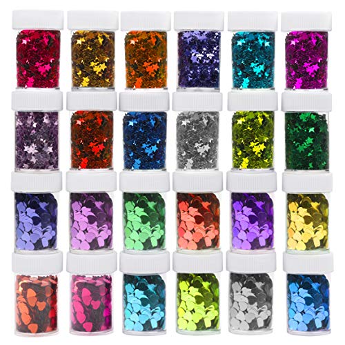 Kurtzy 24 STK Pailletten Sterne & Herzen Sequin Dosen – Bunte Glitzer Glitter Pailetten Cup Set – Lose Pailletten Schalen für Slime, Scrapbooking, zum Basteln, Nageldesign, Schule, Schminken, Party von Kurtzy