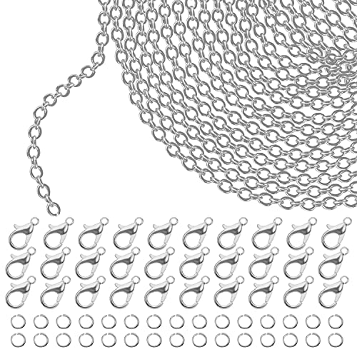 Kurtzy 33 Fuß Silberne Kette zum Ketten Selber Machen - 10 m x 1,5 mm Kupfer Gliederkette, 30 Legierte Karabinerhaken & 30 Geteilte Sprungringe - DIY Ketten & Schmuck Herstellen für Männer & Frauen von Kurtzy