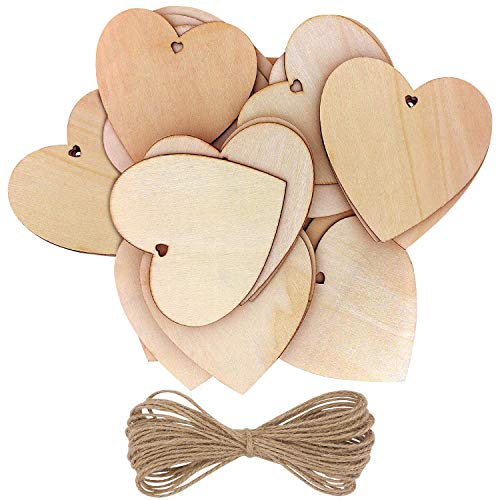 Kurtzy 50-er Pack Holzherzen mit 10m Jute Schnur - 10x10cm Streudeko Set Holz Herzen Unbehandelt mit Loch zum Beschriften - Holzherz Deko für Hochzeit, Party, Jubiläum, Geschenkanhänger, zum Basteln von Kurtzy