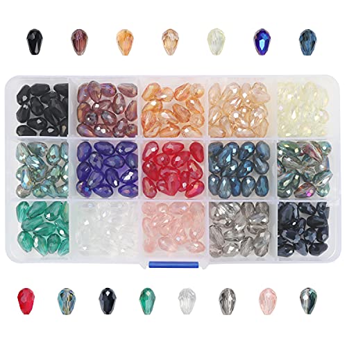 Kurtzy Dekosteine Glas Schmuck Perlen Set (225er Pack) 12 x 7,7mm - 15 Farben - Lose Teardrop Glas Perlen für DIY Kunst - Kleine Facettierte Glasperlen Set mit Kunststoff-Aufbewahrungsbox von Kurtzy