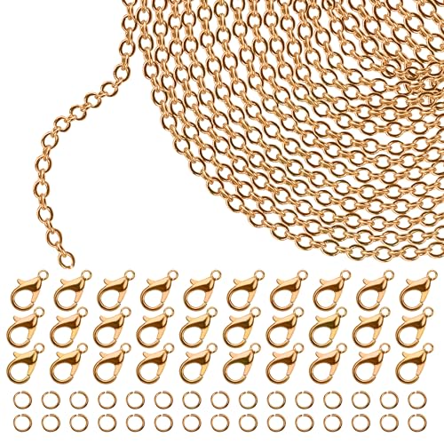 Kurtzy Goldene Kette zum Ketten Selber Machen Schmuck Herstellen - 10m x 1,5mm Eisen Gliederkette Gold, 30 Karabinerhaken & 30 Geteilte Sprungringe - DIY Ketten Set Selber Machen für Männer & Frauen von Kurtzy