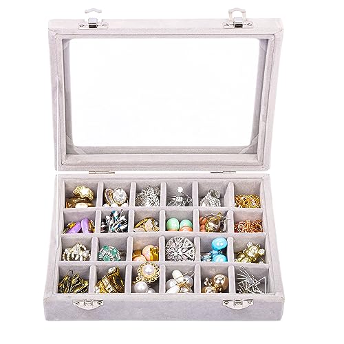 Kurtzy Jewelry Organizer Ring Aufbewahrung Schmuckkasten Grau (24 Fächer) Samt Box mit Glas Deckel 20,2 x 15,1 x 4,6cm - Schmuck Aufbewahrung Schmuckschatulle für Ringe, Ohrringe, Armband Aufbewahrung von Kurtzy