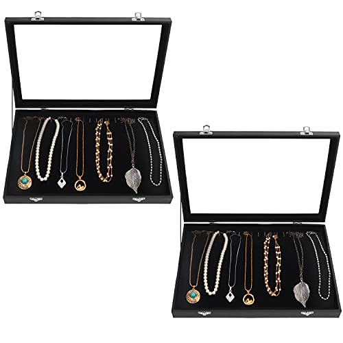 Kurtzy Jewelry Organizer Schmuckkasten Schwarz, Samt Box Glas Deckel Verschließbar & 20 Haken (2Stk) – Schmuckaufbewahrung Stapelbar Schmuckschatulle Schubladen Ketten Aufbewahrung, Armband, Ohrringe von Kurtzy