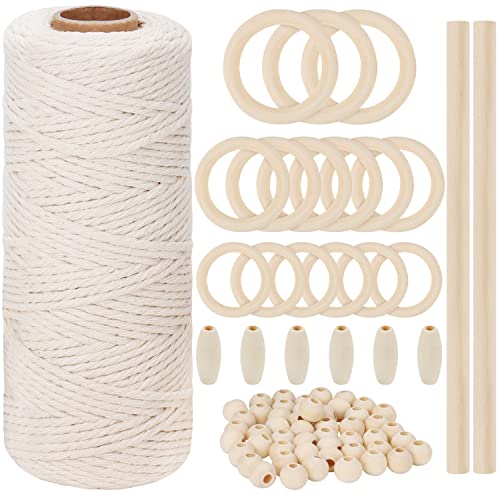 Kurtzy Makramee Garn Set für Anfänger - 100 m x 3mm Baumwollseil mit Holzringen, Stiften und Gemischten Perlen - Makramee Starter Set für Wanddekoration, Pflanzenaufhänger, DIY-Handwerk für Erwachsene von Kurtzy