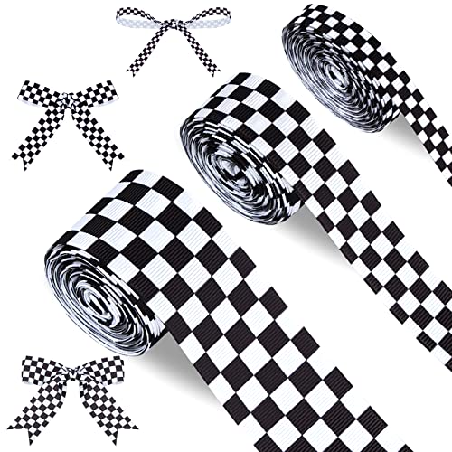 Kuscul 3 Rollen weiß kariertes bedrucktes Band, schwarzes Ripsband, Rennwagen-Thema, kariertes Band, Gingham Buffalo Plaid, Geschenkband für Bastelarbeiten, Kranz, Geschenkverpackung, 13,7 m von Kuscul