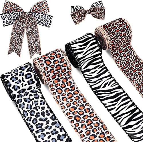 Kuscul 4 Rollen 20 Yards Leopardenmuster Band Tierdruck Band Zebra Gepardenband Drahtkante Band Dekoratives Geschenkband für Heimdekoration, Geschenkverpackung, DIY Handwerk, 5.1 cm von Kuscul