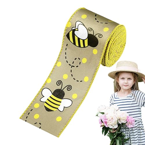 Kuxiptin Drahtband für Bienenkranz, Drahtband für Bienenkränze, dekoratives Band mit Drahtkante, handgefertigtes Federband, Jutebänder Gelb mit Punkten für den Tag von Kuxiptin