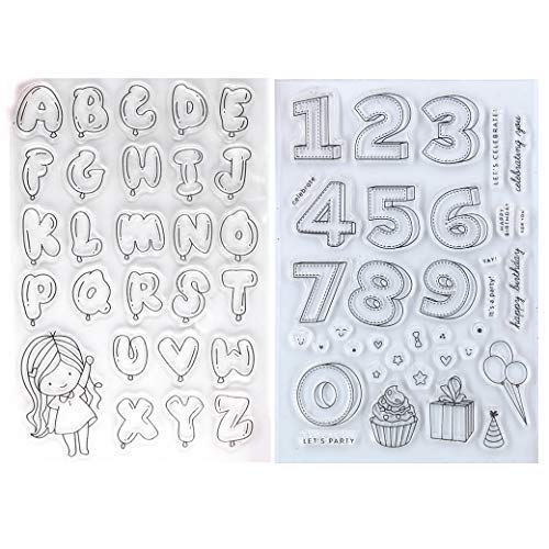 Kwan Crafts 2 Blatt Geburtstagsballons Buchstaben Zahlen Kuchen Transparente Stempel für Kartengestaltung Dekoration und DIY Scrapbooking von Kwan Crafts