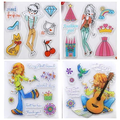 Kwan Crafts 4 Blatt Fashion Girl Blumen Vogel Katze Gitarre Klar Stempel für Karten Basteln Dekoration und DIY Scrapbooking von Kwan Crafts