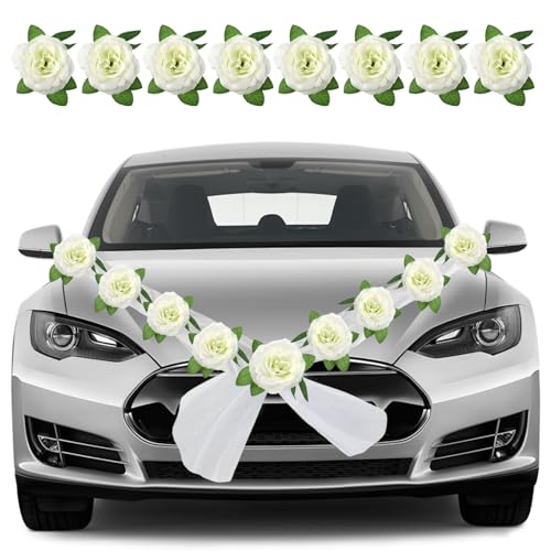 Kweiugfi Autoschmuck Hochzeit,Braut Paar Rose Deko Dekoration,Deko Girlande PKW mit 9 Extrastarken Saugnäpfen Autoschmuck Hochzeit Motorhaube Hochzeit Deko,Weiß von Kweiugfi