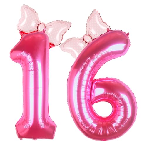 Kwuz 101,6 cm rosa Zahl 16 Ballon mit Mini-Schleife Ballon für Mädchen 10. Geburtstag Party Dekorationen, rosa Prinzessin Western Cowgirl Thema Sweet 16 Birthday Party Ballons Dekorationen Supplies von Kwuz