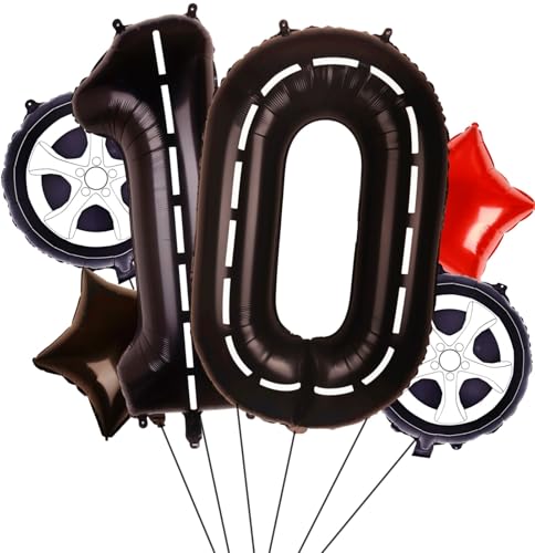 Kwuz Rennauto Geburtstagsballons Rennwagen Motto 10. Geburtstag Party Dekorationen Dekor Supplies für Jungen Fahrer 40 Zoll Rennstrecke Nummer 10 Ballonfolie Mylar Schwarz Rot von Kwuz