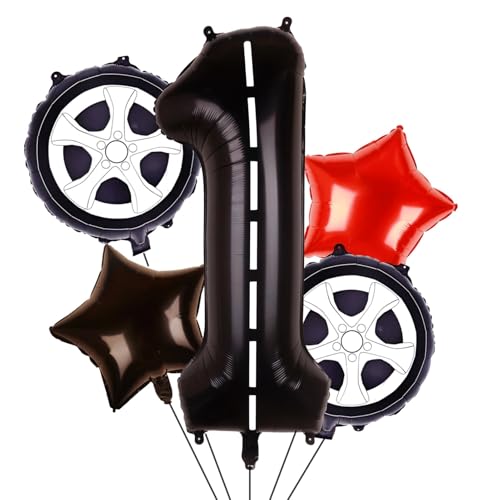 Kwuz Rennwagen Geburtstag Luftballons Fast One Birthday Dekorationen Jungen Rennwagen Motto 1. Geburtstag Party Dekor Supplies 101.6 cm Rennstrecke Nummer 1 Ballonfolie Mylar Schwarz Rot von Kwuz