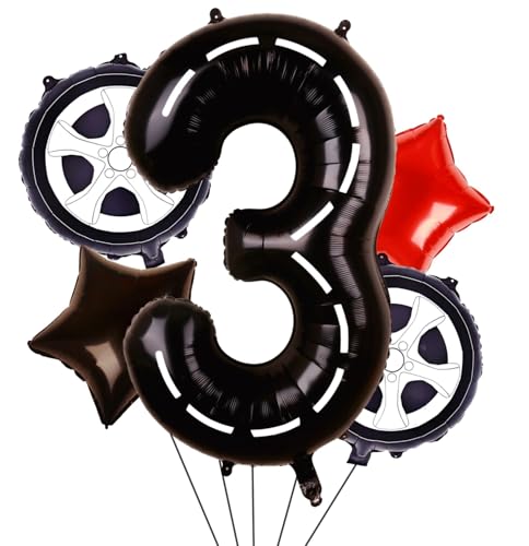 Kwuz Rennwagen Geburtstag Luftballons Rennwagen Thema 3. Geburtstag Party Dekorationen Dekor Supplies für Jungen Fahrer 40 Zoll Rennstrecke Nummer 3 Ballonfolie Mylar Schwarz Rot von Kwuz