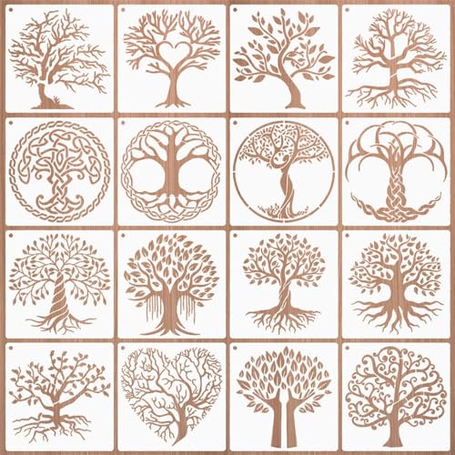 KyeeaDIY 16 Stück Baum Schablonen Zeichnung Malerei Vorlagen Wiederverwendbar Kunststoff Schablonen Kinder Malschablonen Waschbar für DIY Scrapbooking Handwerk Home Dekoration von KyeeaDIY