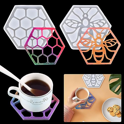 KyeeaDIY 2 Stück Bienenwabenform Bienen Untersetzer Silikonform Gießform Epoxidharz Formen, Hexagon Wabenform Silikon form Harz Bienenstock Coaster Resin Mold für DIY Basteln Tischdekoration von KyeeaDIY