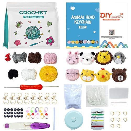 KyeeaDIY Crochet Kit für Anfänger 8Pcs Häkeln Kit Häkeln Tier Häkeln Starter Kit mit Schritt für Schritt Video Tutorials Stricken Kit mit Garn Häkelnadeln Zubehör (8PCS) von KyeeaDIY