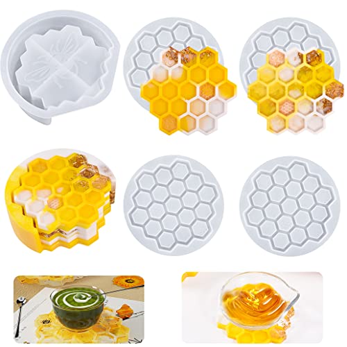 KyeeaDIY Epoxidharz Formen Untersetzer Set 5 Stück Bienenwabenform Untersetzer Silikonform mit Untersetzerhalter Hexagon Wabenform Tablett Harzformen für Tabelle Heimdekoration von KyeeaDIY