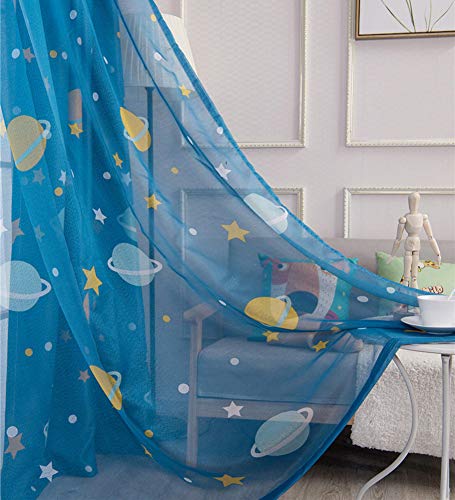 Lsimeru 2er Set Gardinen Kinderzimmer Junge Transparent Sterne Planet Muster 245x140 Blau Ösenvorhang Voile Vorhänge Durchsichtig Kinder Fensterschal für Schlafzimmer von Lsimeru