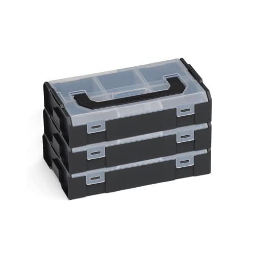 L-BOXX Sortimo L-BOXX mini Aufbewahrungsbox schwarz Deckel transparent 3 Stück im Set |Mini-Werkzeugkoffer |Sortimentskasten Schrauben und Dübel | Erstklassige Sortierboxen für Kleinteile von L-BOXX