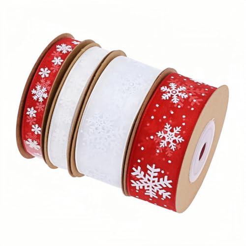 Weihnachts-Schneeflockenbänder, 2,5 cm, durchscheinendes Weihnachtsband, weiß-rotes Seidenband für Geschenkverpackungen, Basteln, DIY, Urlaubsdekorationen, Rot, 20 Meter von L'EEREYDAS