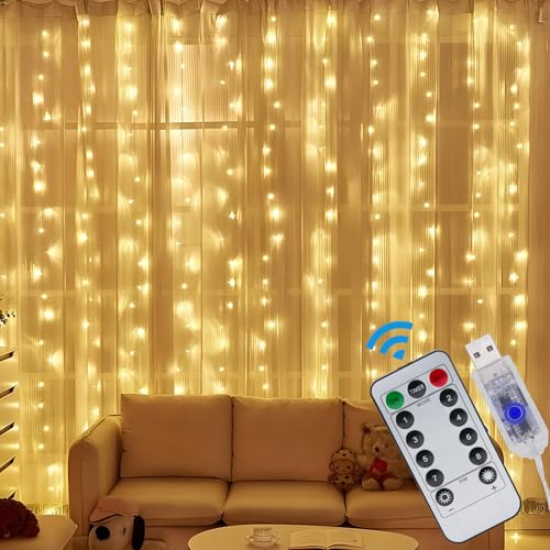 LABEHOLD Lichtervorhang Lichterkette Innen 3x3m - 300 LED Lichterketten Vorhang, Lichtervorhang Innen USB mit Fernbedienung Timer, Dimmbar Lichtervorhang für innen und außen Deko, Warmweiß 8 Modi von LABEHOLD