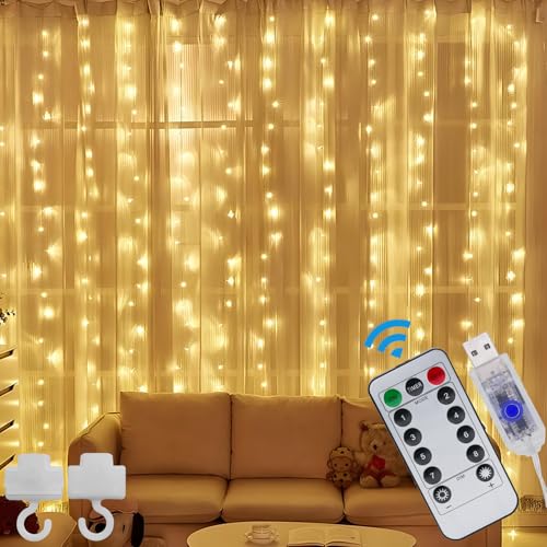 LED Lichtervorhang Lichterkette Innen - 3x3m 300 LEDs Lichterketten Vorhang, Lichtervorhang Innen USB mit Fernbedienung Timer, Dimmbar Lichtervorhang für innen und außen Deko, Warmweiß 8 Modi von LABEHOLD