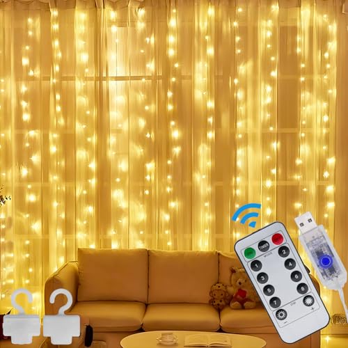 LED Lichtervorhang Lichterkette Innen - 3x3m 300 LEDs Lichterketten Vorhang, Lichtervorhang Innen USB mit Fernbedienung Timer, Dimmbar Lichtervorhang für innen und außen Deko, Warmweiß 8 Modi von LABEHOLD