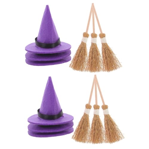 LABRIMP 6 Sätze Halloween-Hexenhut Mini-Strohbesen Hexenkuchen Topper Hexenhut-Lichter Halloween-Party- Mini Hexenhüte Mini-Hexenhüte Hexenbesen Handwerk kleine Hexenhüte Holz Violett von LABRIMP