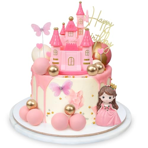 LACGO Prinzessinnenschloss Tortenaufsätze, Rosa, 18 Stück mit Organza-Schmetterlingskugeln, Happy Birthday-Kuchendekorationen, Prinzessinnenschloss, Kuchendekorationen für Babyparty, Mädchen, von LACGO