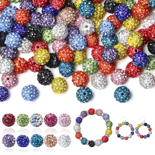 LAIDANLA 120 Stück 10 mm 12 gemischte Farben Strassperlen zum Basteln, glänzende runde Shamballa-Disco-Perlen, glitzernde Tonperlen für Armbänder, Halsketten, Ohrringe, Schmuckstifte, DIY, von LAIDANLA