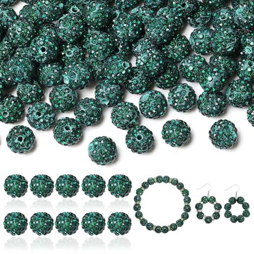 LAIDANLA 120 Stück 10 mm dunkelgrüne Strassperlen zum Basteln, glänzende runde Shamballa-Disco-Perlen, glitzernde Kristall-Ton-Perlen für Armbänder, Halsketten, Ohrringe, Schmuckstifte, DIY, von LAIDANLA