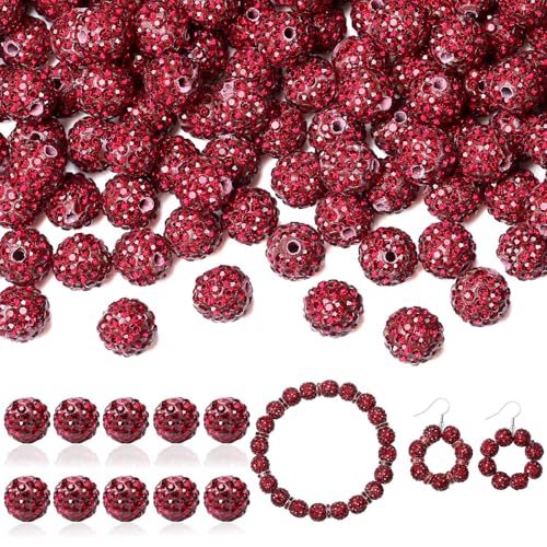 LAIDANLA 120 Stück 10 mm dunkelrote Strassperlen zum Basteln, glänzende runde Shamballa-Disco-Perlen, glitzernde Kristall-Ton-Perlen für Armbänder, Halsketten, Ohrringe, Schmuckstifte, DIY, von LAIDANLA