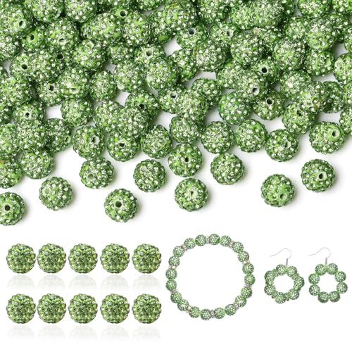 LAIDANLA 120 Stück 10 mm hellgrüne Strassperlen zum Basteln, glänzende runde Shamballa-Disco-Perlen, glitzernde Kristall-Ton-Perlen für Armbänder, Halsketten, Ohrringe, Schmuckstifte, DIY, von LAIDANLA