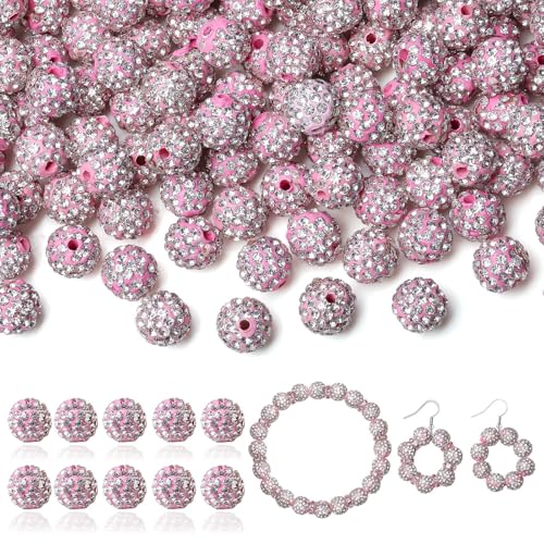 LAIDANLA 120 Stück 10 mm rosa weiße Strass-Perlen zum Basteln, glänzende runde Shamballa-Disco-Perlen, glitzernde Kristall-Ton-Perlen für Armband- und Halskettenherstellung von LAIDANLA