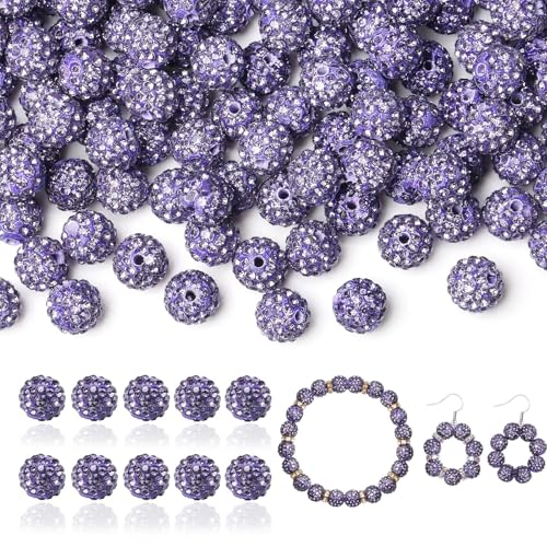 LAIDANLA 120 Stück 10 mm violette Strassperlen zum Basteln, glänzende runde Shamballa-Disco-Perlen, glitzernde Kristall-Ton-Perlen für Armbänder, Halsketten, Ohrringe, Schmuckstifte, DIY, von LAIDANLA