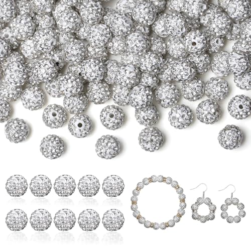 LAIDANLA 120 Stück 10 mm weiße Strassperlen zum Basteln, glänzende runde Shamballa-Disco-Perlen, glitzernde Kristall-Ton-Perlen für Armbänder, Halsketten, Ohrringe, Schmuckstifte, DIY, von LAIDANLA