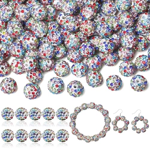 LAIDANLA 120 Stück 10 mm weiße gemischte Strassperlen zum Basteln, glänzende runde Shamballa-Disco-Perlen, glitzernde Kristall-Ton-Perlen für Armbänder, Halsketten, Ohrringe, Schmuckstifte, DIY, von LAIDANLA