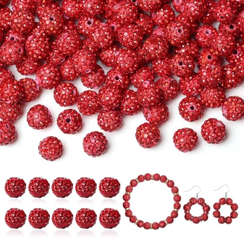 LAIDANLA 120 Stück rote Strassperlen zum Basteln, glänzende runde Shamballa-Disco-Perlen, glitzernde Kristall-Ton-Perlen für Armbänder, Halsketten, Ohrringe, Schmuckstifte, DIY, Party-Dekoration von LAIDANLA