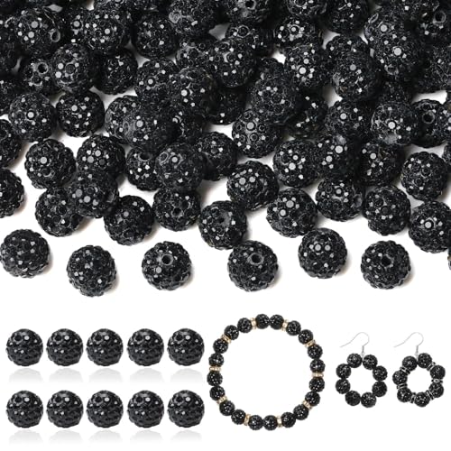 LAIDANLA 120 Stück schwarze Strass-Perlen, Baseball-Perlen zum Basteln, glänzende runde Shamballa-Disco-Perlen, glitzernde Kristall-Ton-Perlen für Armbänder, Halsketten, Ohrringe, Schmuckstifte, DIY von LAIDANLA