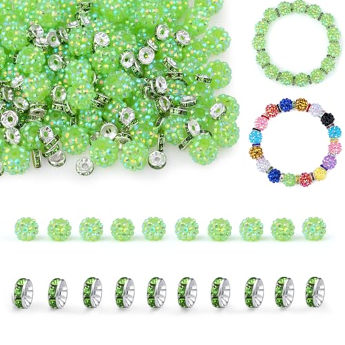 LAIDANLA 50 Stück 12 mm grüne Strassperlen und 200 Stück 8 mm Rondelle-Abstandshalter für selbstgemachte Perlenstifte, glitzernde Shamballa-Disco-Ton-Perlen für Schmuckherstellung, Armbänder LAIDANLA 50 Stück 12 mm grüne Strassperlen und 200 Stück 8 mm Rondelle-Abstandshalter für selbstgemachte Perlenstifte, glitzernde Shamballa-Disco-Ton-Perlen für Schmuckherstellung, Armbänder von LAIDANLA