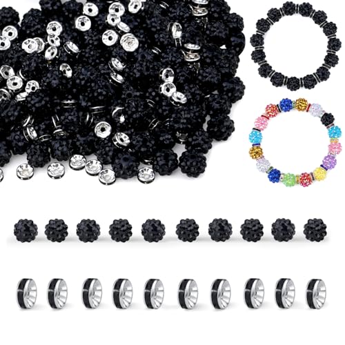 LAIDANLA 50 Stück 12 mm schwarze Strass-Perlen und 200 Stück 8 mm Rondelle-Abstandshalter für DIY-Stifte, glitzernde Shamballa-Disco-Ton-Perlen für Schmuckherstellung, Armbänder, Halsketten LAIDANLA 50 Stück 12 mm schwarze Strass-Perlen und 200 Stück 8 mm Rondelle-Abstandshalter für DIY-Stifte, glitzernde Shamballa-Disco-Ton-Perlen für Schmuckherstellung, Armbänder, Halsketten von LAIDANLA