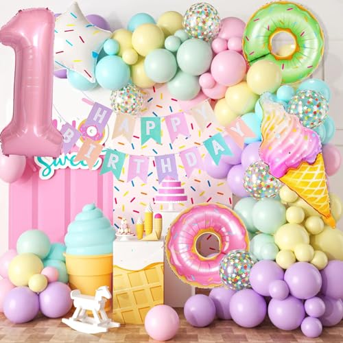 1 Jahr Geburtstag Mädchen, 1. Geburtstag Mädchen Deko, Luftballon 1 Geburtstag Mädchen, Geburtstagsdeko 1 Happy Birthday Banner, Süßigkeiten Donut Folienballon Party Deko Geburtstag von LAISLLA