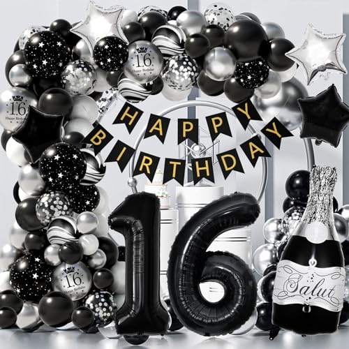 16 Geburtstag Deko, Geburtstagsdeko 16. Geburtstag Junge Mädchen, Deko Schwarz Silber 16. Geburtstag Junge Luftballons Geburtstag von LAISLLA