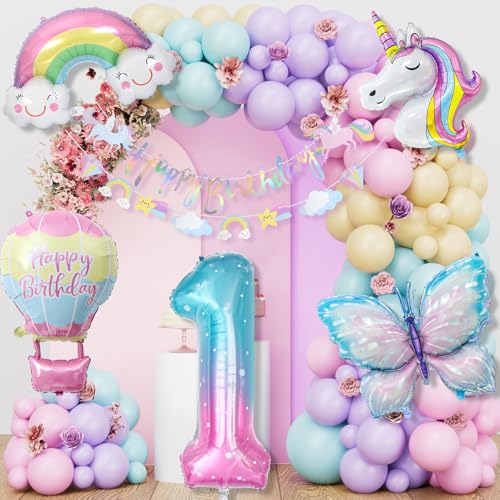 Einhorn Geburtstagsdeko Mädchen, 1 Jahre Schmetterling Geburtstag Deko, Einhorn Deko Kindergeburtstag, 1-10 Jahre Happy Birthday Deko, Einhorn Luftballons für 1. Geburtstag Mädchen Deko von LAISLLA