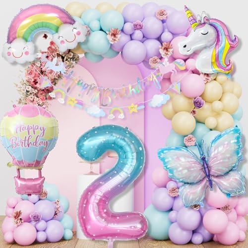 Einhorn Geburtstagsdeko Mädchen, 2 Jahre Schmetterling Geburtstag Deko, Einhorn Deko Kindergeburtstag, 1-10 Jahre Happy Birthday Deko, Einhorn Luftballons für 2. Geburtstag Mädchen Deko von LAISLLA