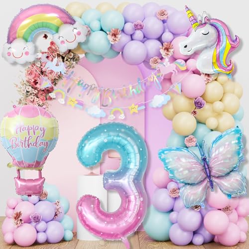 Einhorn Geburtstagsdeko Mädchen, 5 Jahre Schmetterling Geburtstag Deko, Einhorn Deko Kindergeburtstag, 1-10 Jahre Happy Birthday Deko, Einhorn Luftballons für 5. Geburtstag Mädchen Deko (3 Jahre) von LAISLLA