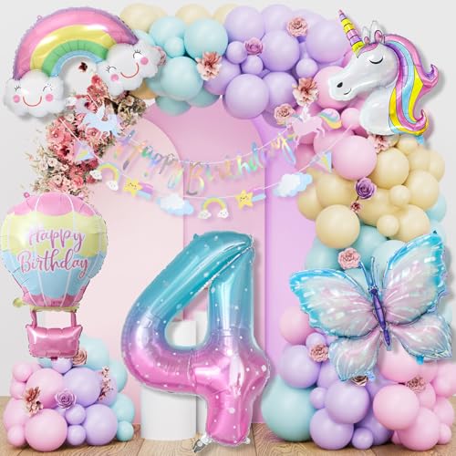 Einhorn Geburtstagsdeko Mädchen, 4 Jahre Schmetterling Geburtstag Deko, Einhorn Deko Kindergeburtstag, 1-10 Jahre Happy Birthday Deko, Einhorn Luftballons für 4. Geburtstag Mädchen Deko von LAISLLA