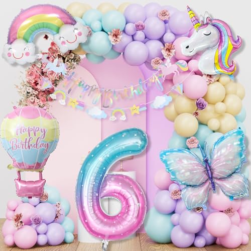 Einhorn Geburtstagsdeko Mädchen, 5 Jahre Schmetterling Geburtstag Deko, Einhorn Deko Kindergeburtstag, 1-10 Jahre Happy Birthday Deko, Einhorn Luftballons für 5. Geburtstag Mädchen Deko (6 Jahre) von LAISLLA